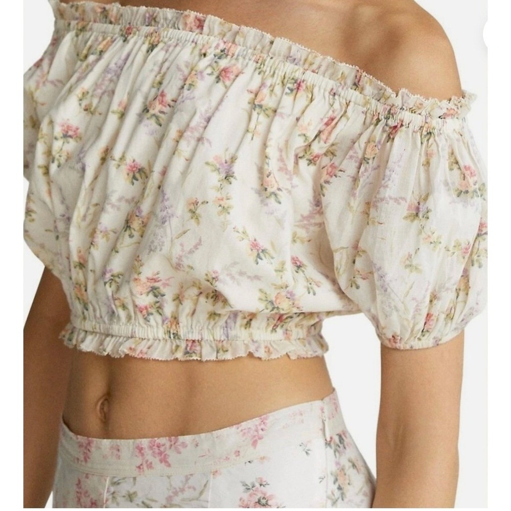 Polo Ralph Lauren Floral Puff Sleeve Crop Smocked Cotton Blouse Large RIPPED TAG